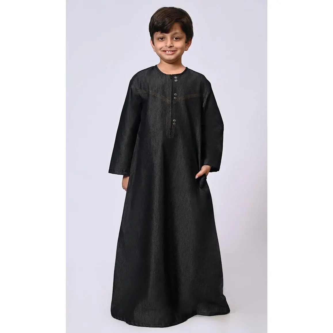 Boy's Black Denim Thobe With Show Buttons and Pockets