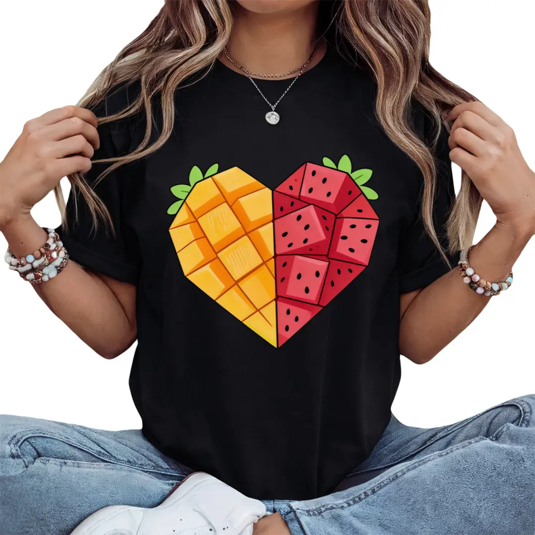 Vibrant Heart Shaped Mango and Watermelon Print Women's Short Sleeve T-Shirt with Classic Crew Neck Design Ideal for Casual Outings Family Gatherings or Casual Attire Perfect for Summer Fashion
