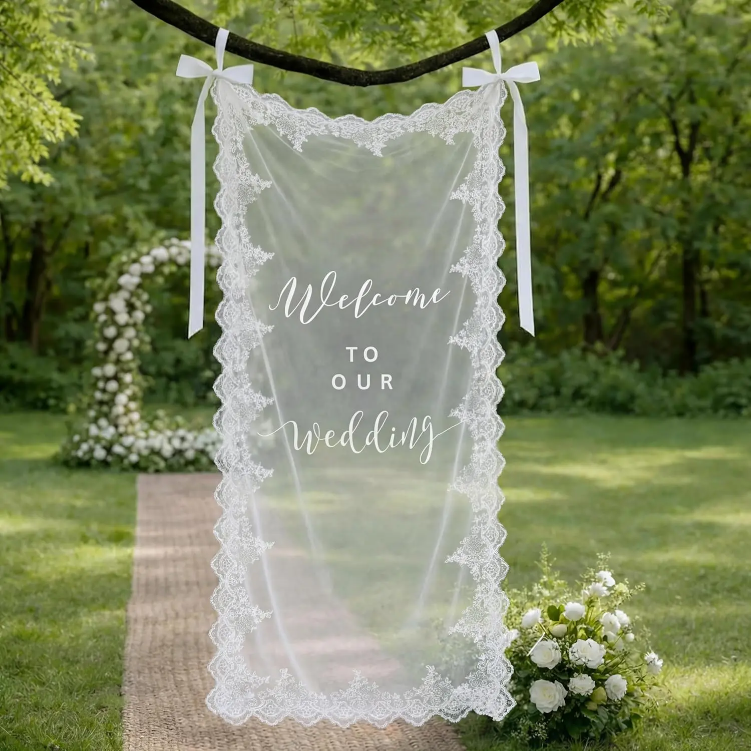 Elegant 24x60 inch Boao Lightweight Hangable Customizable Lace Edge Sheer Wedding Welcome Sign - Easy-Install Organza Arch Backdrop Banner, Party Background Decoration for Wedding Ceremony, Bridal Showers