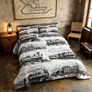 Train Comforter Set,- Retro Steam Locomotive Down Comforter - Vintage Train Bedding Set for Kids Boys Adults Bedroom Decor - Lightweight Duvet Insert
