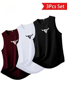 3-Pack Men's Breathable Sleeveless Muscle Tanks with Bull Print, Moisture-Wicking Polyester Workout Shirts, All-Season Casual Fitness Wear, Workout Apparel