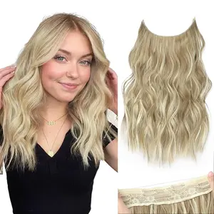 AISI HAIR Invisible Wire Hair Extensions 16 Inch Long Wavy Transparent Wire Adjustable Size 4 Secure Clips for Everyday Wear Natural Look