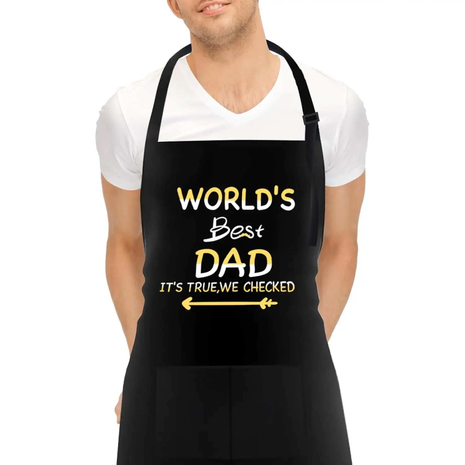 BBQ Apron for Men, World's Best DAD, Adjustable Black Apron with 2 Pockets, Personalised Apron for Men Dad Husband Boyfriend Grandfather (Water Resistant)