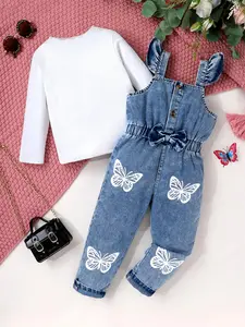 2-piece Comfortable And Cute Little Girl's Mesh Ribbed Large Print T-shirt And Bow Tie Jumpsuit Jeans, Soft And Breathable, Fashionable