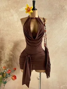 Halter deep V draped neck tie-back bodycon mini dress, featuring halter beaded design, Y2K hot girl style, versatile for multiple looks, perfect for parties, nightclubs, music festivals, vacations and daily outings.