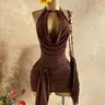 Halter deep V draped neck tie-back bodycon mini dress, featuring halter beaded design, Y2K hot girl Aesthetic style, versatile for multiple looks, perfect for Evening parties, nightclubs, music festivals, vacations and daily outings.