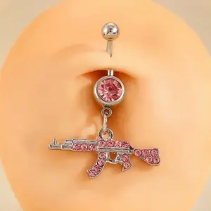 Ak 47 Belly Ring with Pink Crystal Accents and Gun Charm Design
