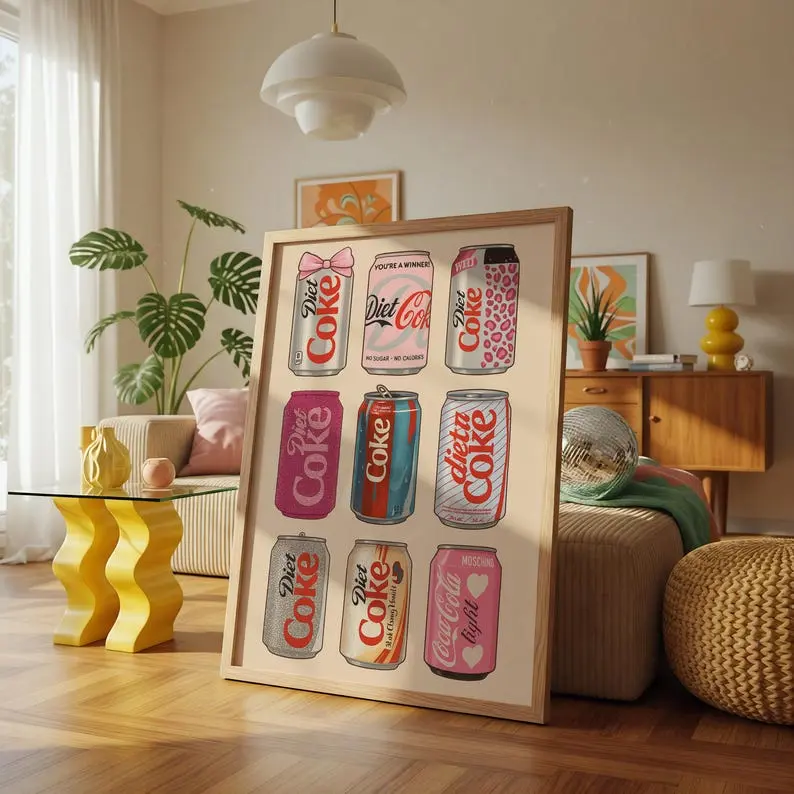 Diet Coke Can Collection Poster, Retro Pop Art Soda Print Cloe McFly