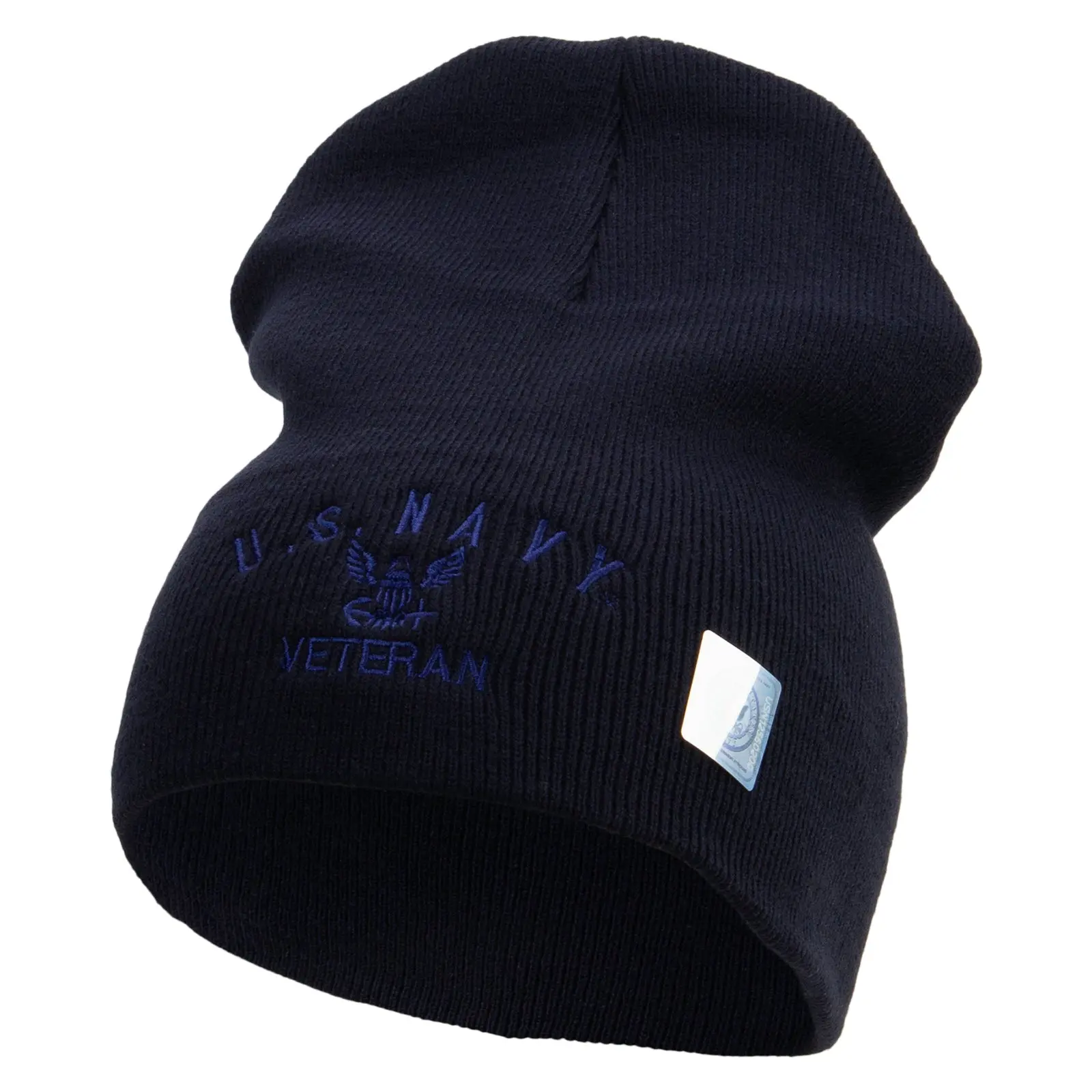 Made in USA Eagle Navy Veteran Symbol Embroidered 8 Inch Solid Knit Short Beanie