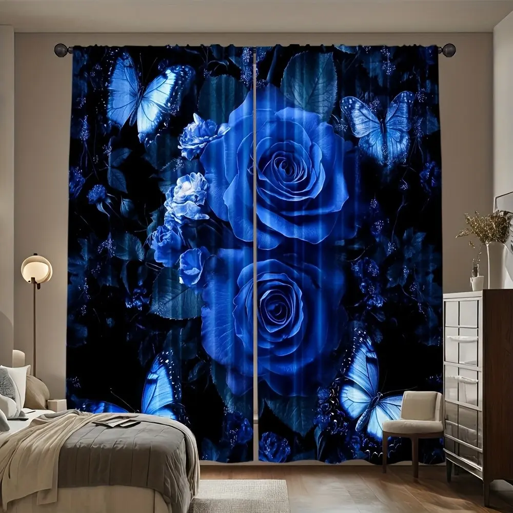 2 Piece Elegant Blue Rose and Butterfly Curtains, Sheer Polyester for Living Room and Bedroom Decor, Rod Pocket Design