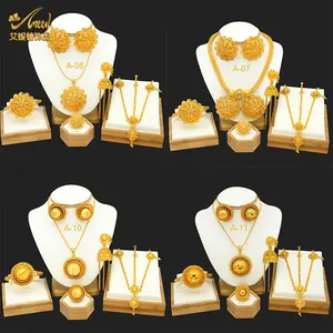 ANIID Dubai High Quality 6PCS Jewelry Set Indian Flower Gold Plated Necklace Bracelet Sets Nigeria Bridal Wedding Party Gifts