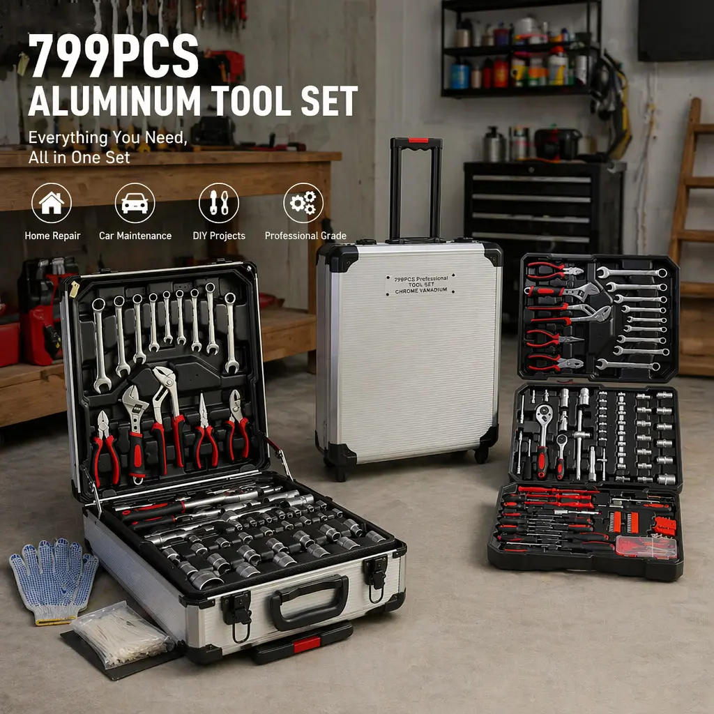 799PCS Rolling Tool Kit, Aluminum Trolley Case Tool Set for Men,  General Household Tool Kit with 4-Drawer for Home Repair, Car, Garage, Maintenance, Auto Repair Toolbox with Wheel