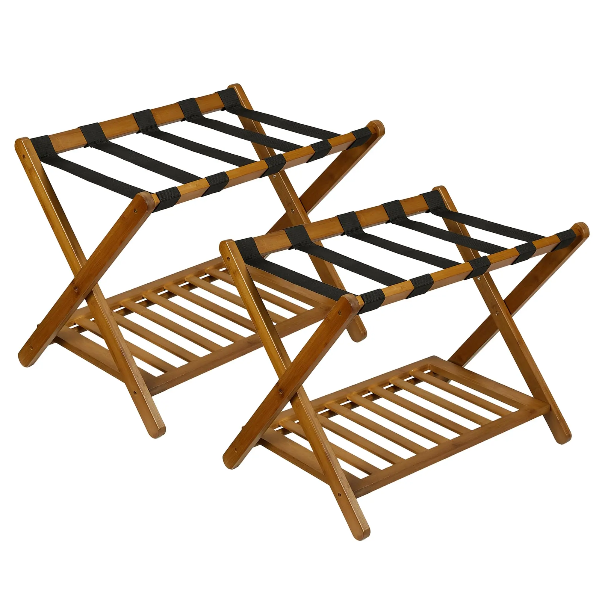 Garvee Premium Folding Bamboo Luggage Rack with Storage Shelf and Durable Nylon Straps, Supports Up to 150 lbs, Fits Most Luggage Sizes, Perfect for Bedrooms, Living Rooms, and Hotels, Available in Walnut, White, and Brown