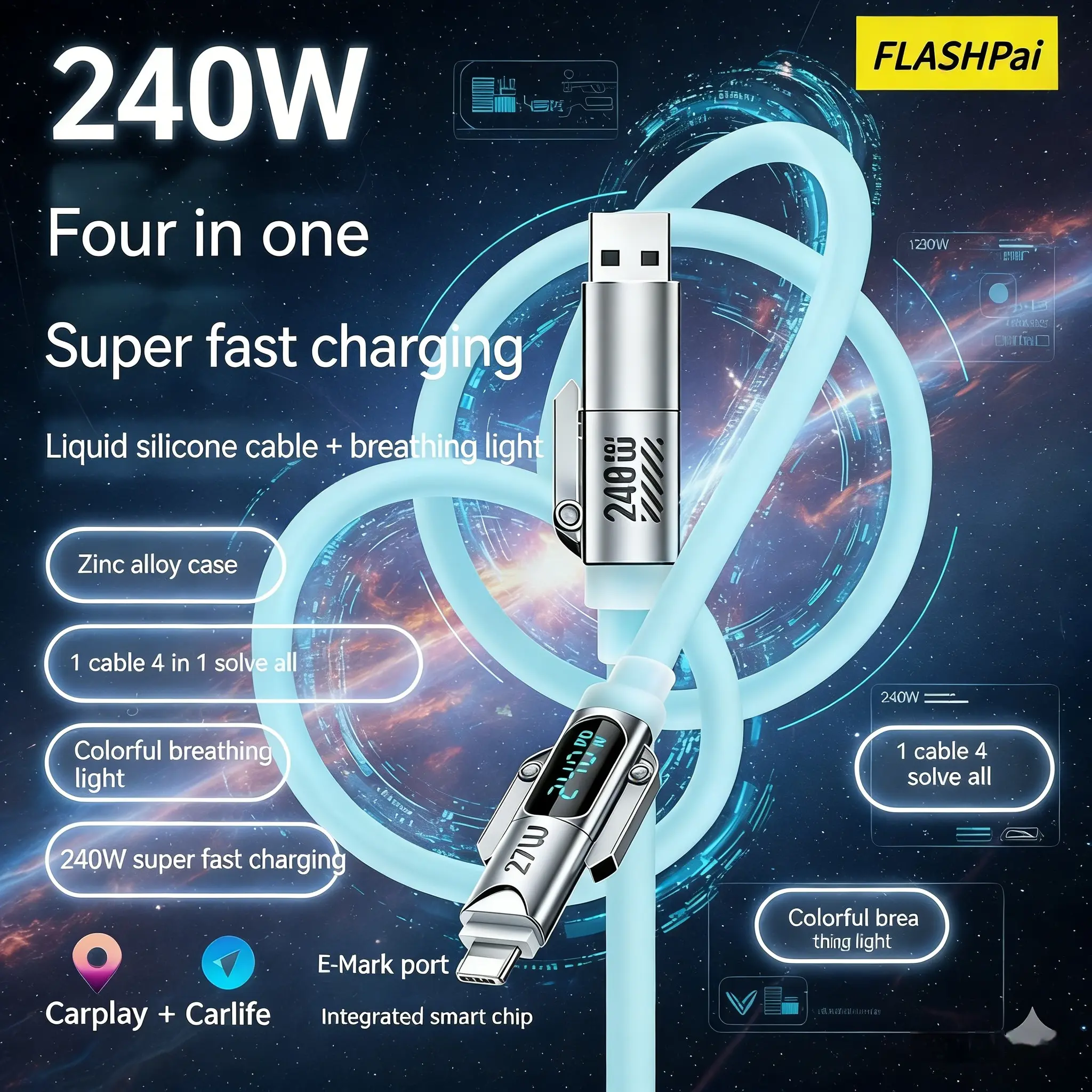 【2026 New Model 】240W Four-in-One Liquid Silicone Breathing Light Digital Display Charging Cable