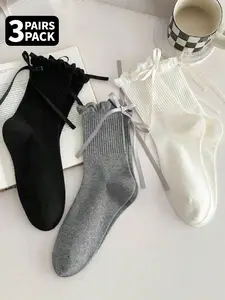 3-Pair Set of Women's Spring/Summer/Fall/Winter New-Style Bow Ballet Socks Solid-Color Lace-Trimmed Sweet Mid-Calf Socks Versatile Everyday Wear All-Season Style