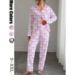 【Christmas】Women's Christmas Print Pajama Set, Fitted Long Sleeve Shirt & Elastic Pants, Soft Stretchy Fabric, Casual Home Wear, Sleepwear Loungewear SetGift