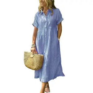 Women's Loose Midi Striped Shirt Dress Bohemian Side Slit Dress with Pockets