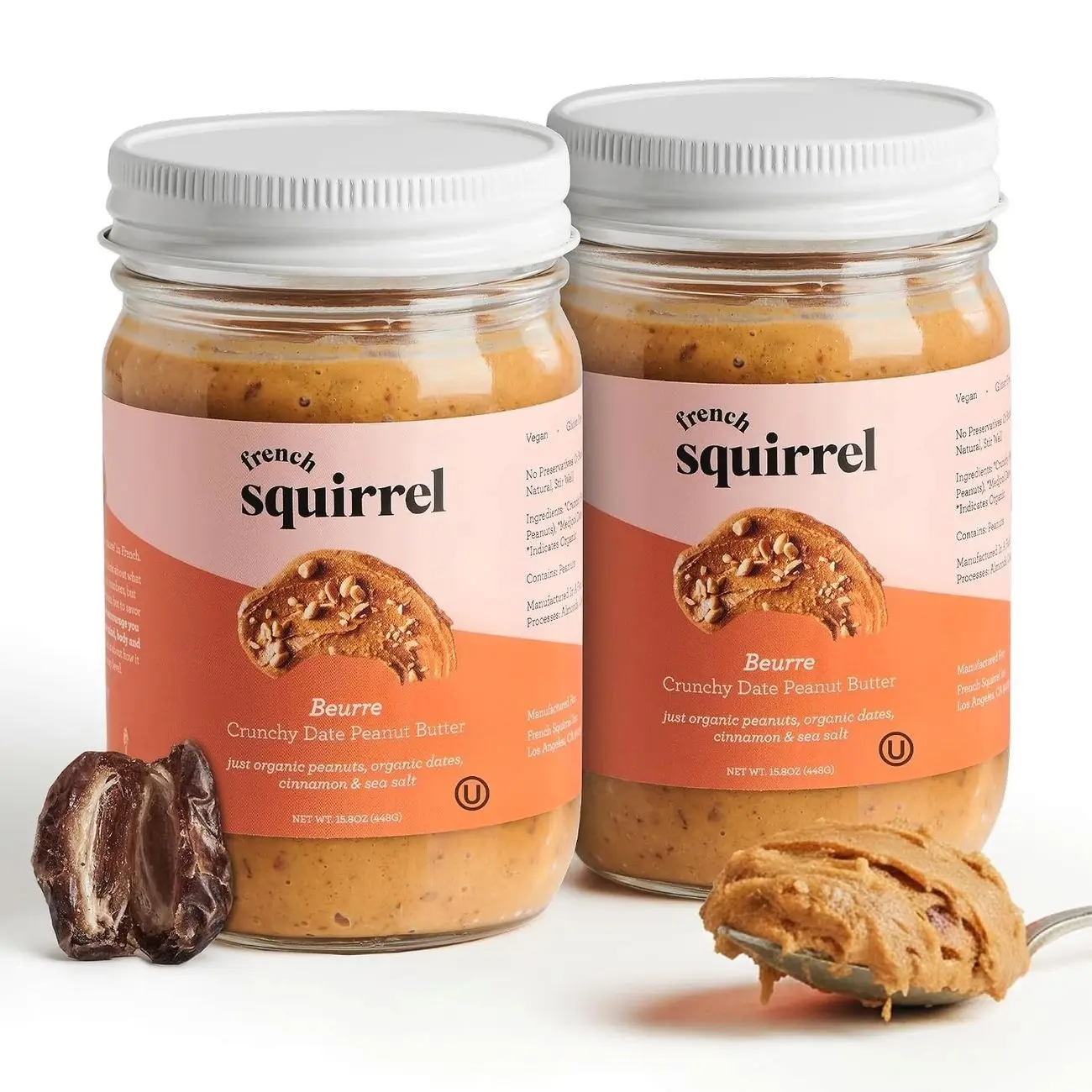French Squirrel Peanut Beurre - Gluten-Free, Nutrient-rich Fresh Peanut Butter - Vegan PeanutButter w/Dates, Cinnamon, Sea Salt - Crunchy Peanutbutter for Toasts, Oatmeal, Porridge & More (2 Pack)