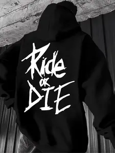 Men's Oversized Ride or Die Graphic Hoodie - Graffiti Style Streetwear Sweatshirt, Bold Slogan Print Back Design, Vintage Retro Aesthetic, Soft Fleece Casual Hoodie for Skate, Hip Hop & Daily Wear, Graphic Hoodies, Casual Hooded Sweatshirt