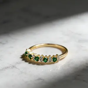 Gold Plated Green CZ & Diamond Accent Band Ring | Dainty Sparkly Design | Perfect for Daily Wear & Birthday Gifts | Ideal Gift for Her