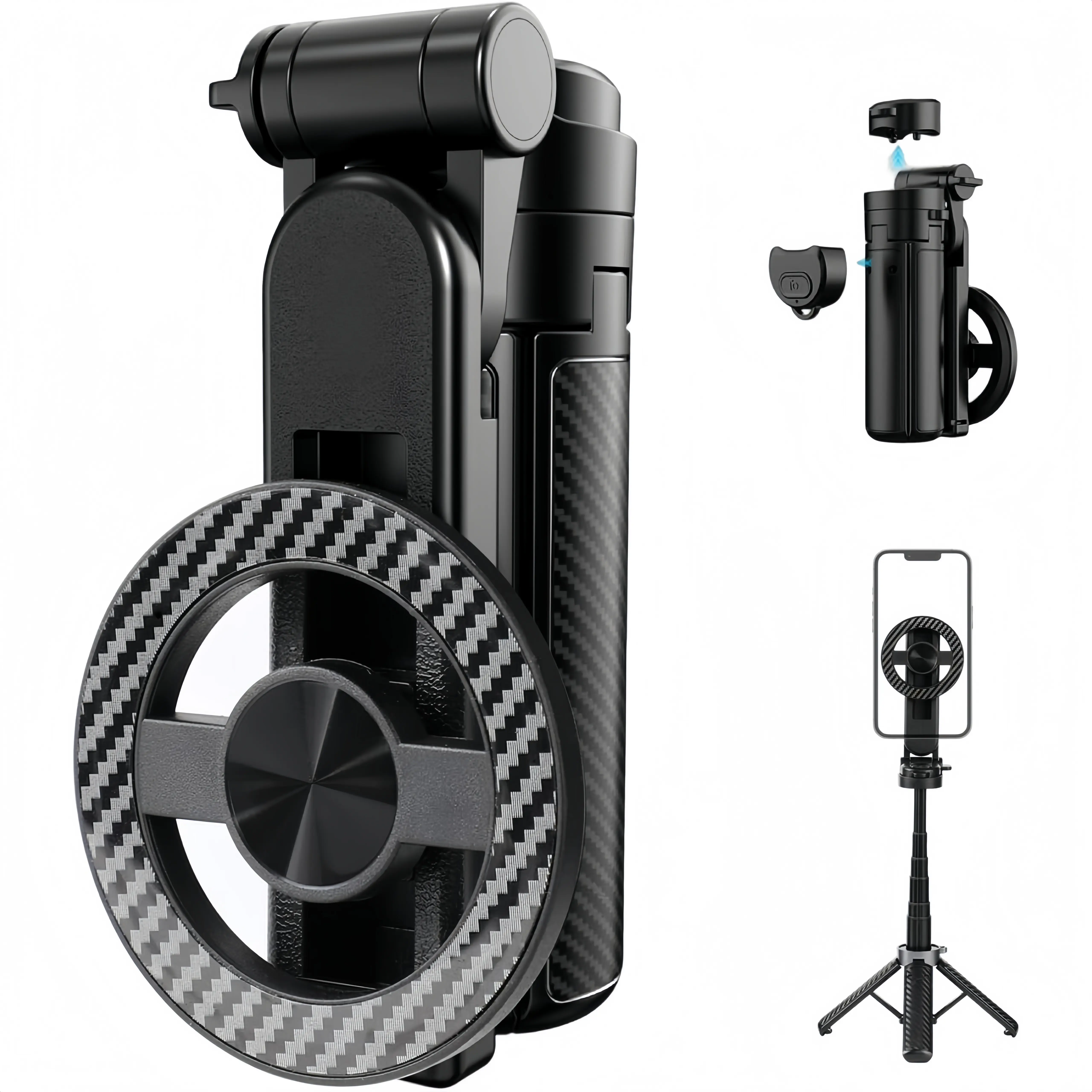 Magnetic Selfie Stick Tripod - MagSafe Mount, 11cm Mini Portable Carbon Fibre Accessory with Clip, 225° Tilt Range, Remote, 4-Leg Detachable Quadpod Stand for MagSafe/Wireless Cellphone (iPhone/Android), Accessories, Compact Pack