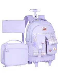 Rolling Backpack for Girls, 21" Women Roller Wheels Bookbag, Laptop Wheeled Suitcase School Backpacks with Lunch Bag for Teens, Fluffy Backpack