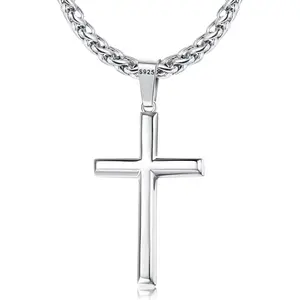 LOLIAS Silver Cross Necklace for Men Women 925 Sterling Silver Cross Pendant with 3mm Durable Stainless Steel Wheat Cross Chain, Crucifix Pendant Mens Cross Necklace Jewelry, 16-30 Inches