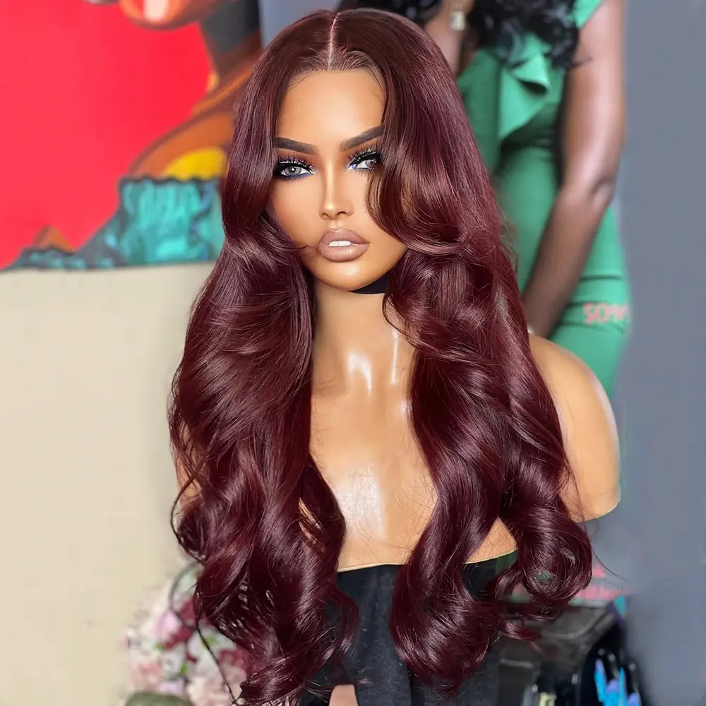 99J Red Body Wave Lace Front Wig HD Transparent Lace Human Hair Wigs Burgundy Colored 99j 13X4 Lace Frontal Wave Wig Natural Hairline With Baby Hair 180% Density