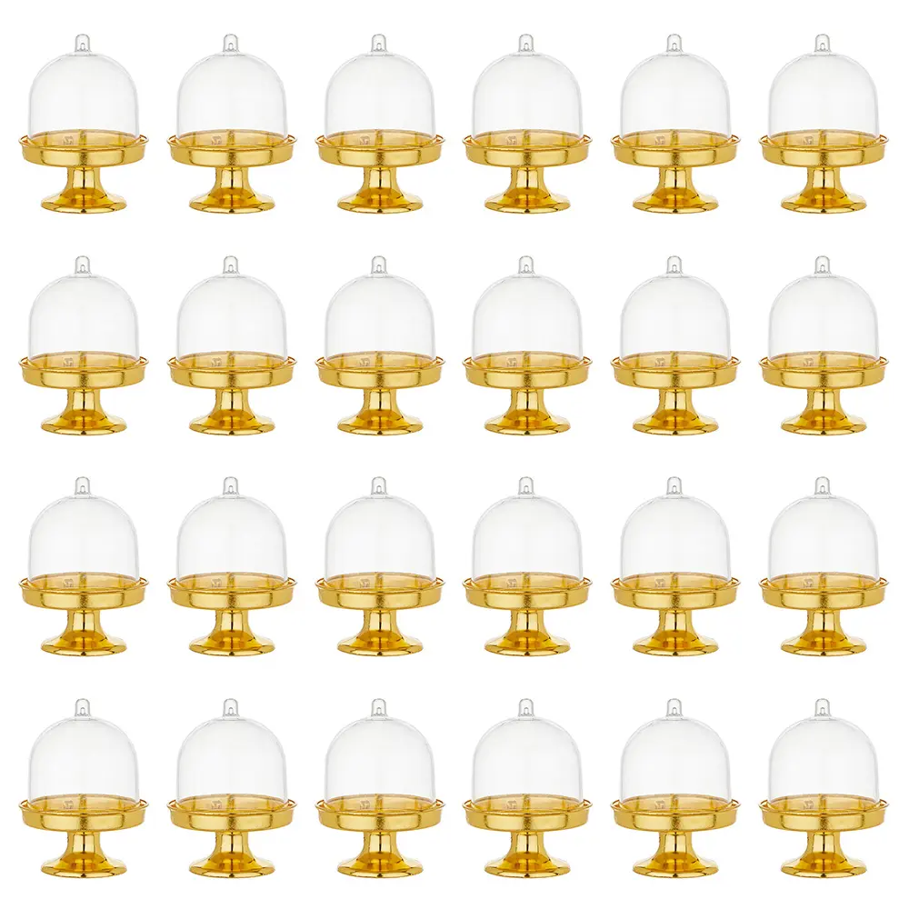 24-Pack Cake Decorating Supplies Smooth Lightweight Transparent Plastic Mini Cake Stands with Dome & Gold Base, Cupcake Holders for Dessert Display - Ideal for Weddings, Birthdays, 24 Packs
