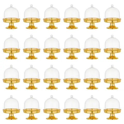 24-Count Bulk Pack Food Grade Plastic Cake Stands, Smooth Lightweight Non-Toxic Shatterproof Transparent Mini Cupcake Holders with Dome Lid & Gold Base, Dessert Display for Weddings