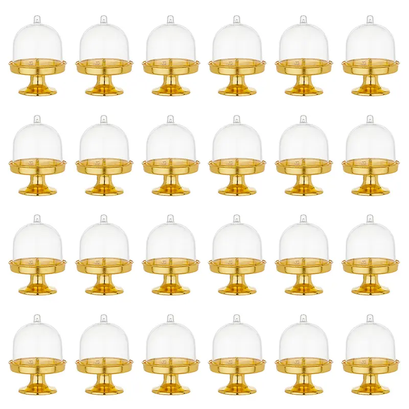 24-Count Bulk Pack Food Grade Plastic Cake Stands, Smooth Lightweight Non-Toxic Shatterproof Transparent Mini Cupcake Holders with Dome Lid & Gold Base, Dessert Display for Weddings