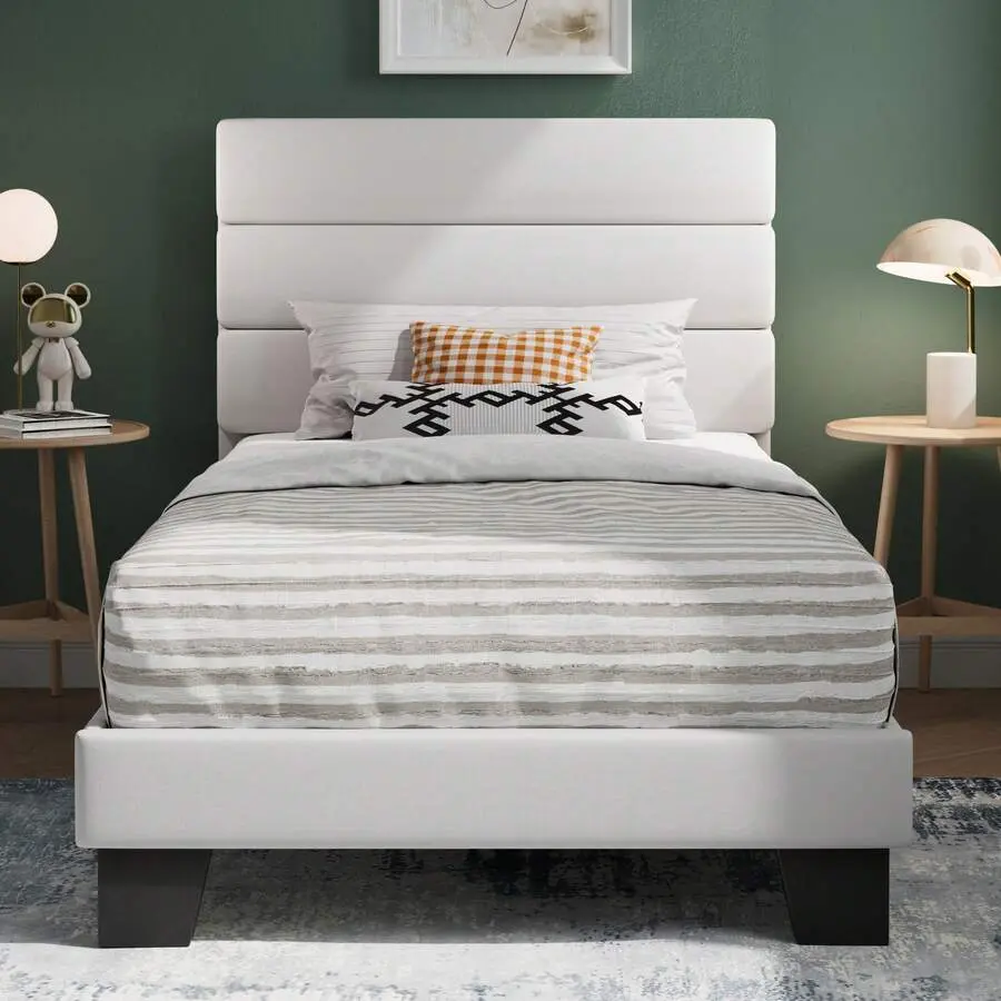 Twin/Full/Queen/King Platform Bed Frame With Velvet Upholstered Headboard, Sturdy Wooden Slats, No Box Spring Needed, White Primed "T" Style DIY Barn Door Portable Tent Mat