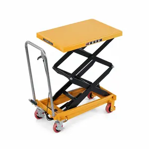 Hydraulic Lift Table Cart, 1760 lbs capacity, 60" maximum lifting height. Double scissor design, fitted with non-slip rubber pads and 360° polyurethane wheels, ideal for material handling and transportation. Wheeled Pusher all-terrain big