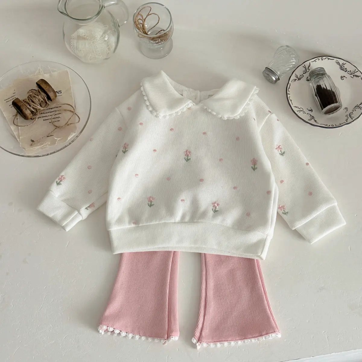 2-Piece Doll Clothing Set, Cozy Floral Embroidery Sweatshirt with Doll Collar & Pink Flared Pants, Long Sleeve Costume for Spring Autumn, Yes, 6 - 9 Months, Above The Ankle, Cute, Girl, Clothes, Dolls
