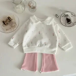 2Pcs/Set Versatile Fashion Outfit Floral Embroidery Doll Collar Sweatshirt + Pink Flared Long Pants Soft Cute Baby Spring Autumn Clothing