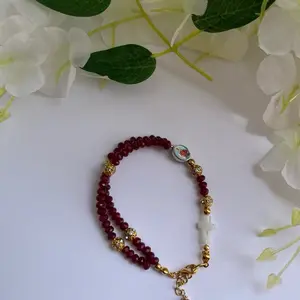 Red Chalcedony Stone beaded Rosary Bracelet with MOP Shell Cross and Infant Jesus of Prague Charm