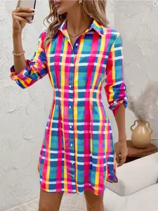 New Fashion Women's Colorful Plaid Print Shirt Dress, Stylish and Trendy Design, Perfect for Casual Wear, Comfortable and Chic