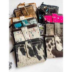 Western Cowhide Leather Wristlet Wallet Money Coins: 13 - BROWN + TURQUOISE SPECS