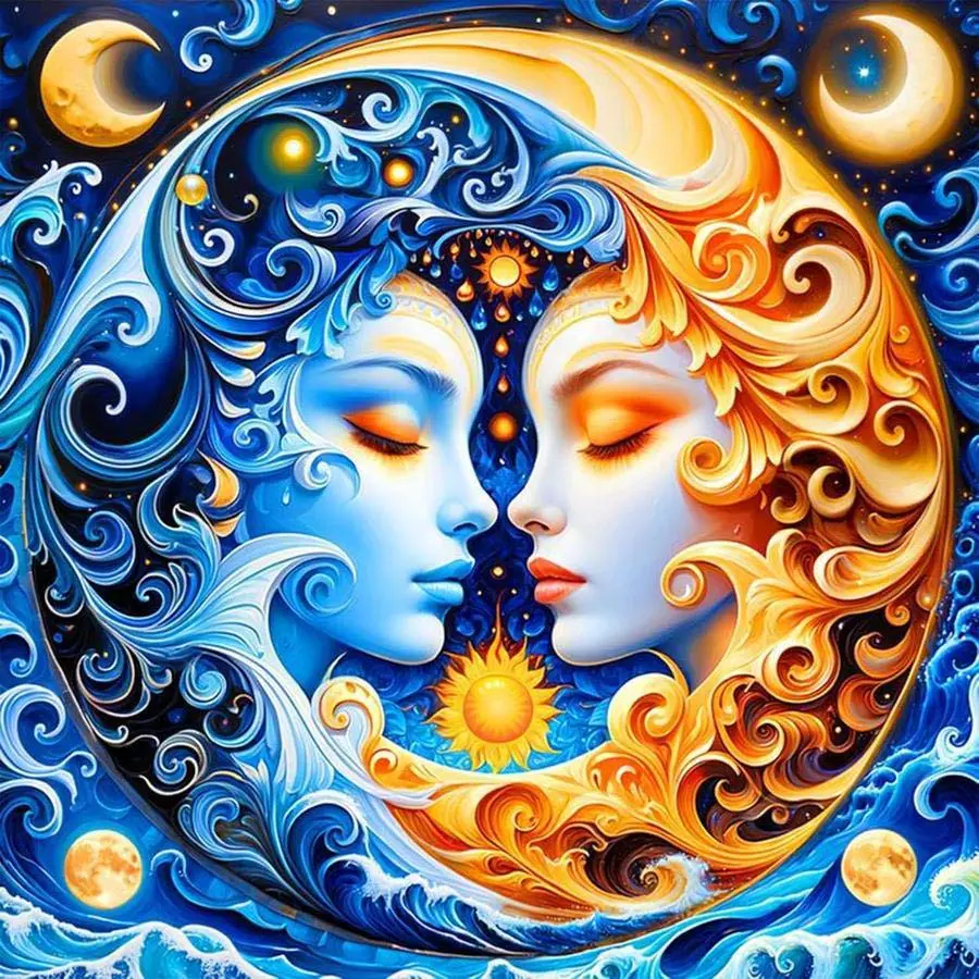5D DIY Full Diamond Round Diamond Painting - Diamond Art Painting Kit, Sun and Moon Fusion Mosaic, Canvas - DIY Decorative Painting, Home Wall Decor, Suitable for Halloween, Christmas, Birthday and Anniversary Gifts