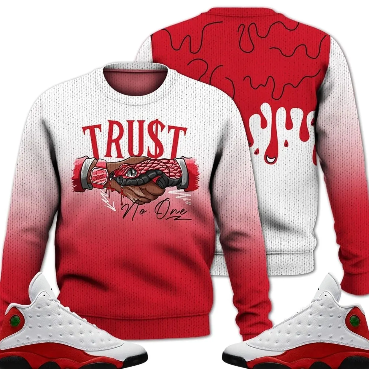 Retro 13 Chicago Outfits, Chicago 13s Ugly Sweater, Snake Trust No One Streetwear Unisex Sneaker Matching Shirts