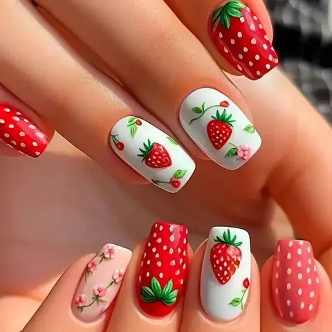 Strawberry Pattern Fake Nails with Nail File & Tape, 24pcs/box French Style Long Square Press on Nails for Women & Girls DIY Nail Art Decorative Nails