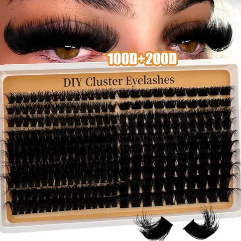 Fluffiest Lash Clusters 100D + 200D / 80D + 00D Mega-Thick Lash Clusters, Best Lash Clusters, 8–16 mm Wispy Individual Volume Eyelash Extensions, DIY Synthetic Eyelash Extensions for Home Use