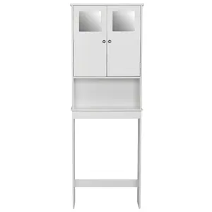 FCH White Double Door Bathroom Cabinet Toilet Storage Sundries with Glass Doors and Bottom Shelf