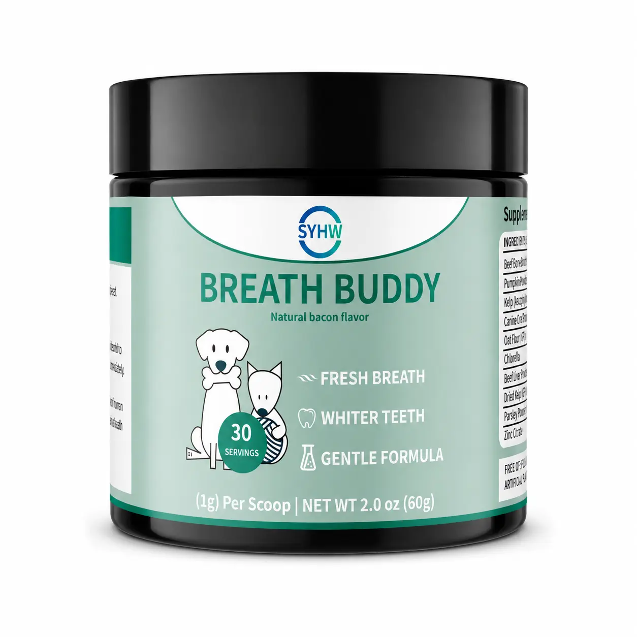 Dog & Cat Dental Powder - 60g Natural Probiotic Pet Oral Care Supplement, Gentle Formula with Bone Broth & Kelp, Natural Bacon Flavor Easy Daily Food Topper - No Brushing Needed, Freshens Bad Breath Fast, Made for Daily Use