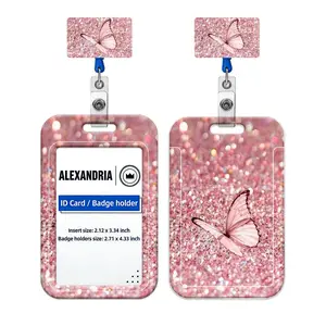 1 Set Aesthetic Pink Glitter Butterfly ID Badge Holder Set ✨ Sparkly Retractable Badge Reel for Nurses & Teachers | Cute Y2K Work Accessories for Women