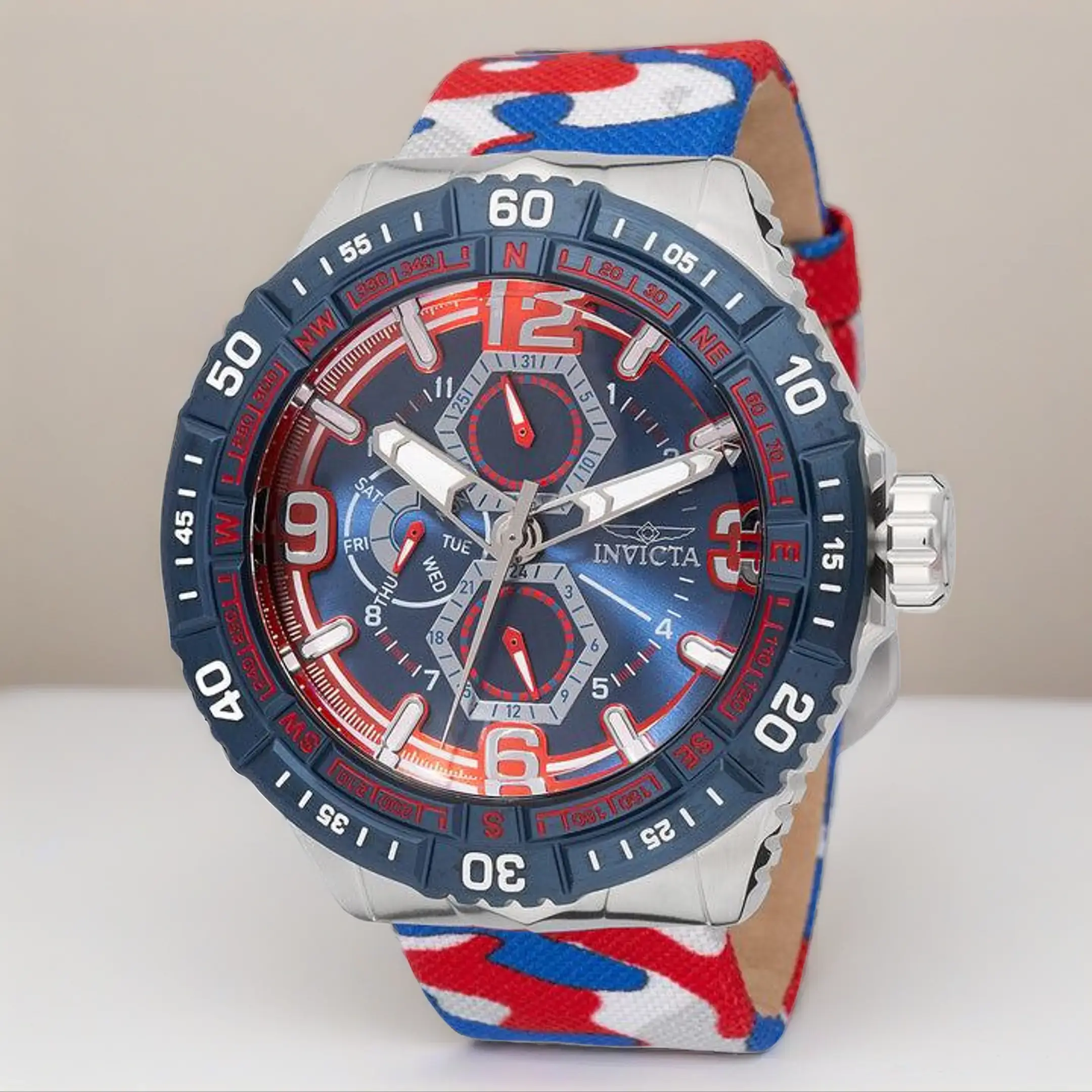 Invicta Men's Coalition Forces 49mm Analog Chronograph Watch - Compass Bezel, Patriotic Camo Nylon Strap, 100m Water Resistant, 24-Hour Readings, Roman Numerals, Buckle Closure, 3-Year Warranty, Watches