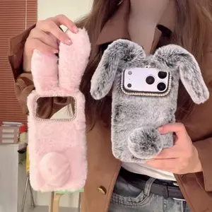 3D Cute Rabbit Ears Furry Plush Bunny Phone Case For iPhone 17 Series Plus Shockproof Cover