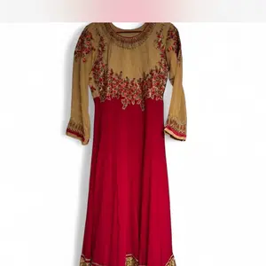 Elegant Pakistani Indian Party Wear Long Dress with Red Base and Gold Floral Embroidery on neck and Sleeves