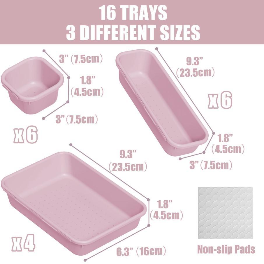 16 Pack Drawer Organizers Plastic Storage Bins 3 Size Versatile Drawer Trays For Bathroom Makeup Bedroom Vanity Kitchen Gadgets Office Desk Accessories Lightweight Washable Storage Boxes