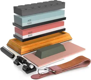 Professional Knife Sharpening Stone Set - 4 Side Grit 400/1000 3000/8000 Whetstone, Non-Slip Bamboo Base, Angle Guide, Polishing Compound, Leather Strop, Flattening Stone